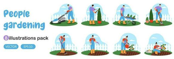 grande conjunto de personas jardinería. joven mujer y hombre siega césped, excavación, plantando semillas verduras, cosecha y otro. agricultura, agricultura y jardinería concepto. plano vector ilustración.