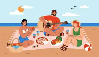 contento amigos gasto hora juntos a picnic en costa. joven hombre jugando guitarra y mujer comiendo y Bebiendo en arenoso playa. plano vector ilustración.