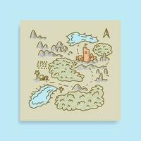 dibujado a mano fantasía mapa de reinos, montañas, lagos y bosques vector