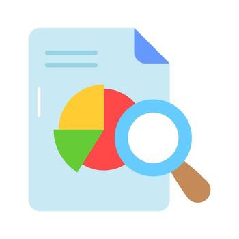 Pie chart on sheet with magnifier showing vector design of data research