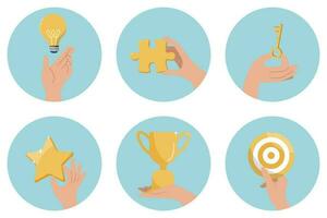 Set of illustrations of hand gestures. Characters hands point to light bulb, puzzle, key, star, goblet, dartboard. New ideas or strategies for business development, achieving goals or solving problems vector