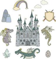 Fairy tale vector set. Dragons and castle isolated on white background.