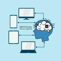 Artificial intelligence head with smartphones, computers, laptop and tablet. vector