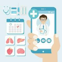 Online doctor and patient consultation on smartphone. vector