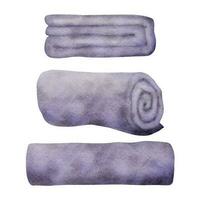 Hand drawn watercolor spa skincare bath towels folded and rolled, purple violet ochre. Isolated object on white background. Design for wall art, wellness resort, print, fabric, cover, card, booklet. vector