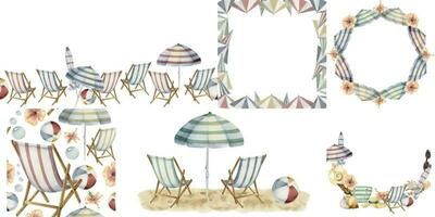 Hand drawn watercolor set of compositions. Beach accessories, sea sand umbrella shells. Isolated on white background. Design for wall art, wedding, print, fabric, cover, card, tourism, travel booklet. vector