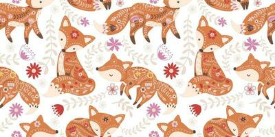 Beautiful Folk Fox Seamless Pattern vector