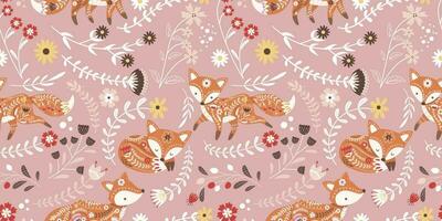 Beautiful Folk Fox Seamless Pattern vector