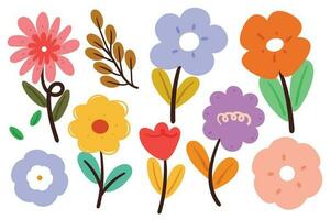 hand drawing flower and leaves sticker set vector