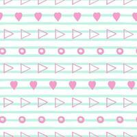 Seamless striped hand drawn pattern in pink and blue colors with triangle, dots, hearts elements in ornate. Abstract vector stroked background with grunge effect. Love style