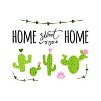 Home sweet hom banner Prickly cactus with heart and inspirational quote on white background Cute hand drawn greeting cards poster logo sign print label symbol Vector illustration Home decor.