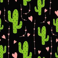 Cute cactus seamless pattern with pink hearts on dark black background. Mexican cactin background. Mexican design Vector illustration.