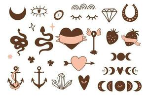 Old tattooing school colored icons set. Vintage tattoo logos. Brown pink shapes of snake, heart, anchor, moon phase. Vector illustration isolated graphic element for Valentines day, birthday wishes.