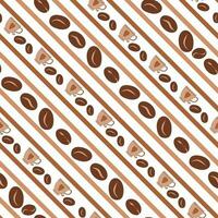 Seamless geometric pattern background with offee cups and beans decorated with light brown diagonal lines. Repeated wallpaper on white. vector