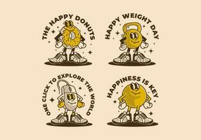 Mascot character illustration of donuts, dumbbell, computer mouse, and ball head in pompous style vector