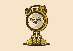 mascota personaje de escritorio reloj con enojado expresión vector