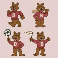 Set of Grizzly Bear Sport Mascot in Vintage Retro Hand Drawn Style vector