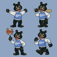 Set of Black Bear Sport Mascot in Vintage Retro Hand Drawn Style vector