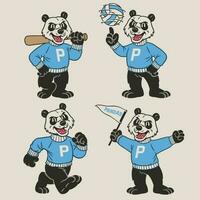 Set of Panda Sport Mascot in Vintage Retro Hand Drawn Style vector