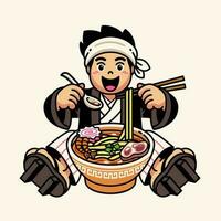 Cute Japanese Men wears traditional dress and eating the Ramen vector