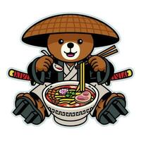 oso samurai personaje comiendo ramen fideos vector