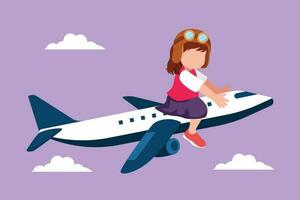 Cartoon flat style drawing pretty little girl riding small toy plane. Happy kids on airplane. Children riding electric toy airplane, summer journey, travel concept. Graphic design vector illustration