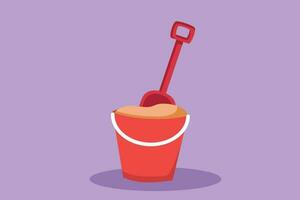 Graphic flat design drawing stylized bucket and spade toys logo. Sand in bucket with shovel. Summer plastic kid toy. Sand bucket and shovel. Children toys on beach. Cartoon style vector illustration