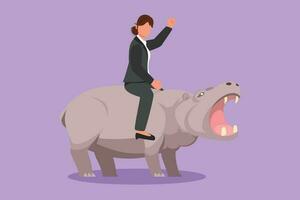 Graphic flat design drawing businesswoman riding hippopotamus symbol of success. Business metaphor, looking goal, achievement, leadership. Professional entrepreneur. Cartoon style vector illustration