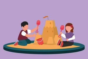 Character flat drawing of happy little boy and girl of preschool age are playing in sandbox. Two cheerful kids making sandcastle in sandbox. Outdoor game playground. Cartoon design vector illustration