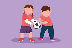 Character flat drawing little girl and boy brother sister fighting over a ball. Conflict between children. Adorable kids sibling fighting in playroom because of toy. Cartoon design vector illustration