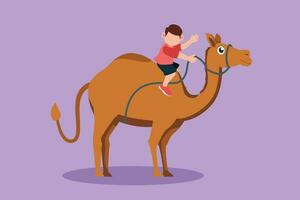 Cartoon flat style drawing happy little boy riding camel in Arabian desert. Child sitting on hump camel with saddle in desert. Adorable kids learning to ride camel. Graphic design vector illustration