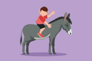 Graphic flat design drawing happy little boy riding donkey at outdoor. Child sitting on back donkey with saddle in ranch park. Adorable kids learning to ride donkey. Cartoon style vector illustration