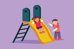 Cartoon flat style drawing of preschool girl sliding down slide and happy friend seeing her on side of slide. Kids playing together on playground at amusement park. Graphic design vector illustration