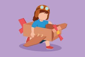 Graphic flat design drawing creative little girl playing as pilot with cardboard airplane. Happy kids riding handmade airplane. Plane game for children at playground. Cartoon style vector illustration