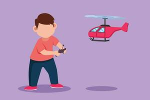 Graphic flat design drawing little boys playing with radio controlled toy helicopter. Cute kids playing holding RC controllers. Smiling excited children with RC toys. Cartoon style vector illustration