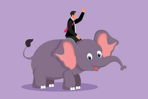 Graphic flat design drawing businessman riding elephant symbol of success. Business metaphor, looking at the goal, achievement, leadership. Professional entrepreneur. Cartoon style vector illustration