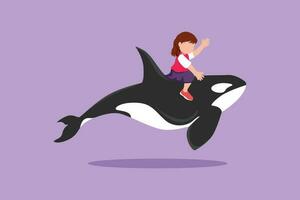 Character flat drawing of bravery little girl riding orca. Adorable kids sitting on back whale killer in deep zoo swimming pool. Whale killer or orca in deep water. Cartoon design vector illustration