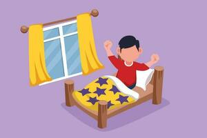 Graphic flat design drawing of adorable little boy wake up and still yawning, still lying in bed under blanket. Sleepy child on bed in late weekend. Morning activity. Cartoon style vector illustration