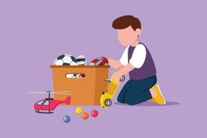 Cartoon flat style drawing adorable little boy putting his toys into box. Active kids doing housework chores at home. Cute smiling child storing his toys in the box. Graphic design vector illustration