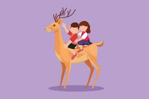 Character flat drawing of happy little boy and girl riding deer together. Children sitting on back deer with saddle in ranch ground. Kids learning to ride reindeer. Cartoon design vector illustration
