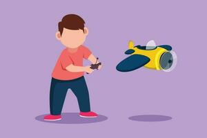 Graphic flat design drawing cuie little boy playing with radio control airplane. Smiling kid controlled flying RC aeroplane. Happy childhood, hobby, pastime concept. Cartoon style vector illustration
