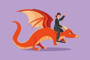 Cartoon flat style drawing of bravery businesswoman riding dragon. Conquering adversity, courage, victory, leadership. Professional entrepreneur. Business metaphor. Graphic design vector illustration