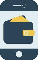 Blue And Yellow Wallet In Smartphone Screen Flat Icon. vector