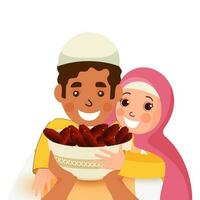 Happy Islamic Couple Holding Bowl Full Of Dates On White Background. vector