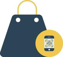 Shopping Bag With Qr Code Mobile Icon In Blue And Yellow Color. vector