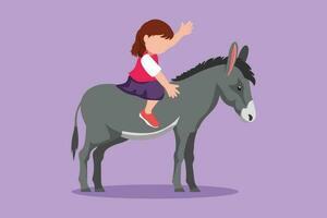 dibujos animados plano estilo dibujo contento pequeño niña montando Burro a exterior. niño sentado en espalda Burro con ensillar en rancho parque. adorable niños aprendizaje a paseo burro. gráfico diseño vector ilustración