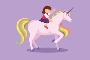 Graphic flat design drawing happy little girl riding cute unicorn. Cheerful child sitting on back unicorn in fairy tale dream. Adorable kids learning to ride unicorn. Cartoon style vector illustration