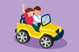 Graphic flat design drawing children driving big electric toy car. Cute little boy and girl having fun while driving toy car. Kid trip in small car at amusement park. Cartoon style vector illustration