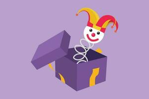 Cartoon flat style drawing Jack in the box toys logo, icon, label, symbol. Amusing toy jumping out from box. Jack in the box toy, surprise and springing out of box. Graphic design vector illustration