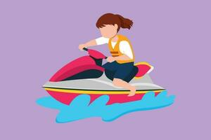 Cartoon flat style drawing pretty little girl riding jet ski at beach. Happy smiling child with rides water scooter on ocean waves. Summer sea water sport concept. Graphic design vector illustration